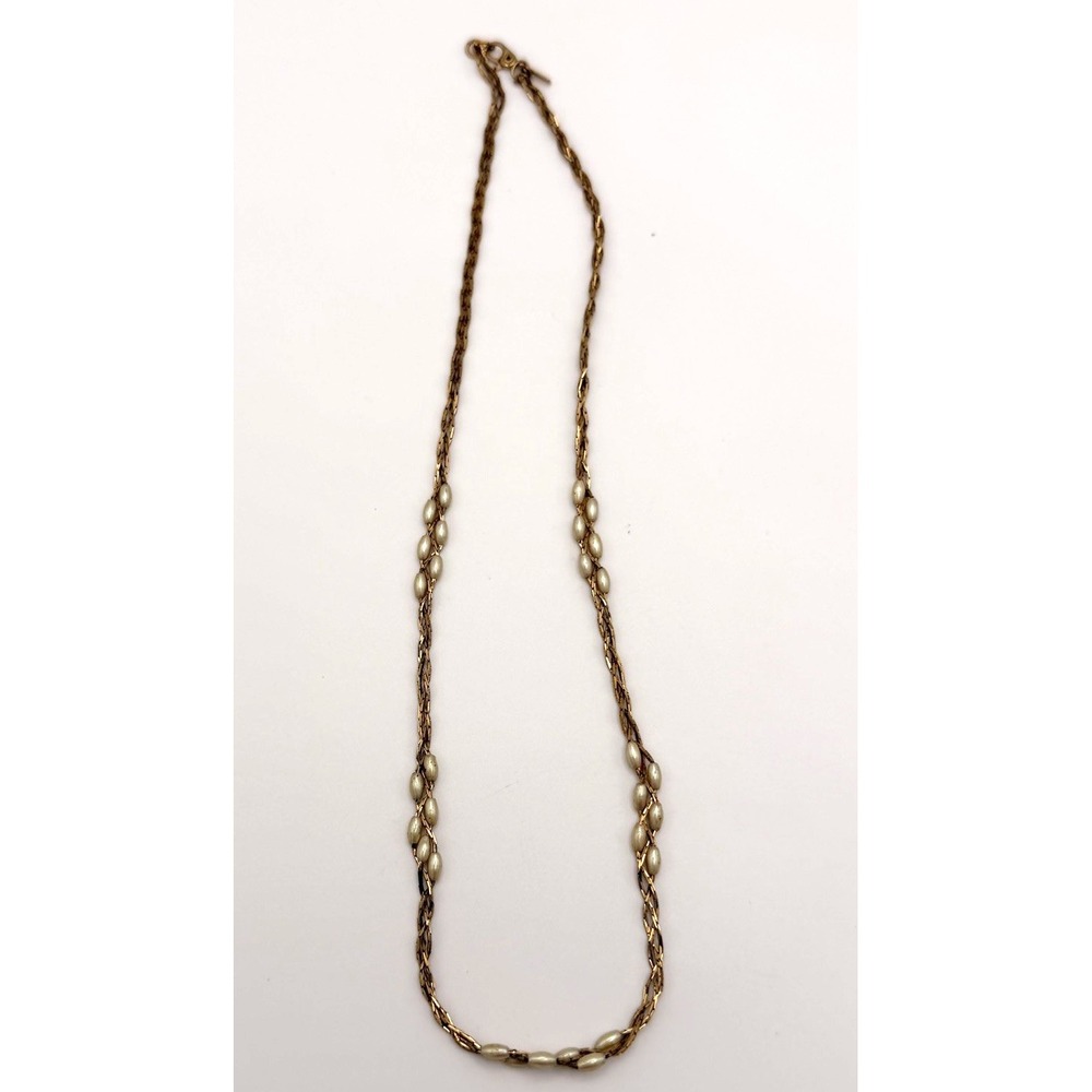 Vintage Monet Gold Tone Braided Chain Necklace Cream Faux Pearl Bead Stations